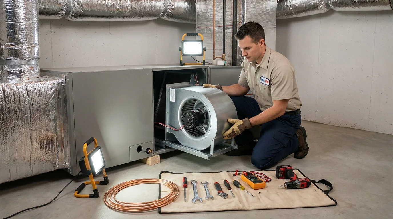 HVAC technician inspecting variable-speed ECM blower motor and blower wheel assembly inside air handler