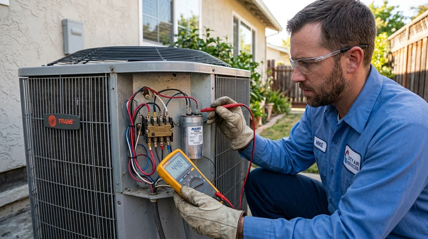 HVAC technician testing and replacing a dual run motor capacitor in an outdoor AC electrical service compartment