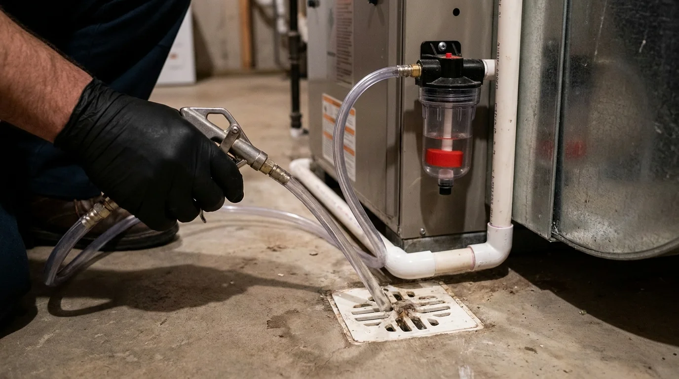 HVAC technician clearing an air conditioner PVC condensate drain line and cleaning safety trap