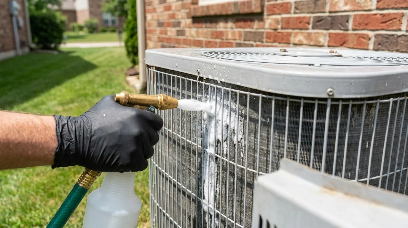 HVAC technician performing coil cleaning on an outdoor air conditioning condenser unit