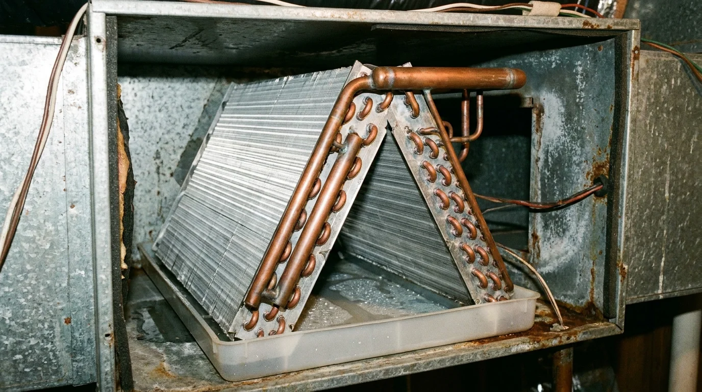 HVAC technician inspecting an indoor aluminum A-coil evaporator inside the residential supply plenum