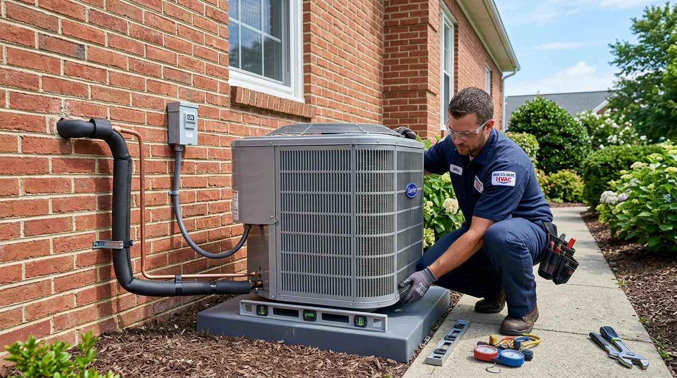 HVAC technician installing a brand new air conditioning condenser on a level composite equipment pad outside a Delaware home