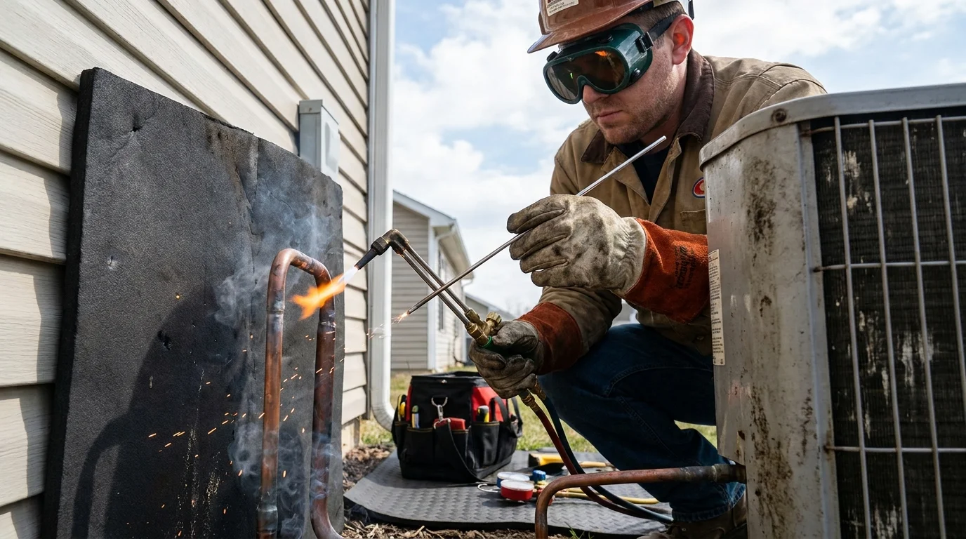 HVAC technician nitrogen-purging and torch-brazing copper refrigerant line set connections