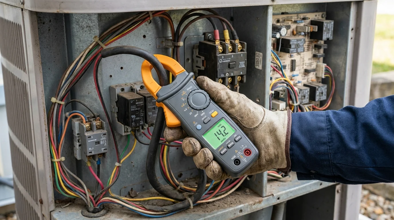 Digital clamp multimeter measuring running compressor amp draw inside HVAC electrical panel