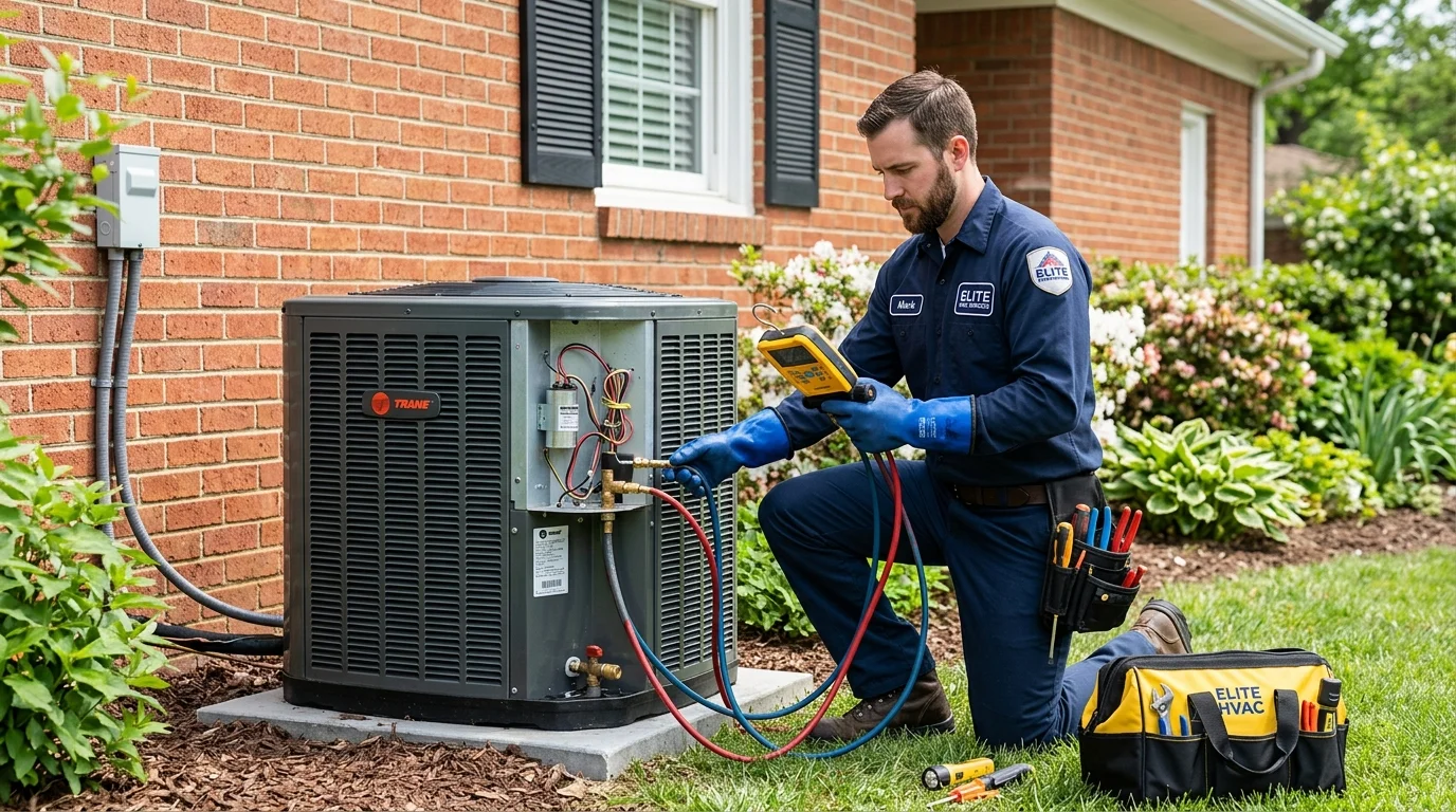 Professional HVAC technician in uniform servicing outdoor central AC condensing unit in Wilmington, DE