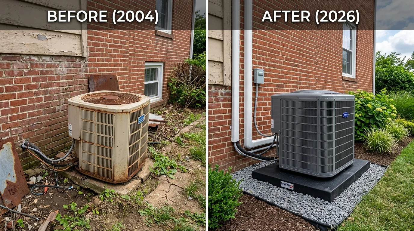Split comparison showing rusted 2004 AC condenser replaced with sleek 2026 high-efficiency unit on composite pad
