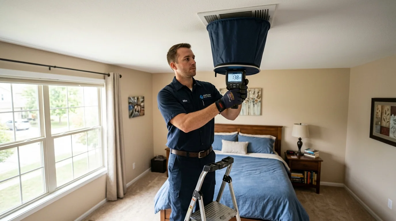 HVAC technician holding digital airflow capture hood over second-floor ceiling register
