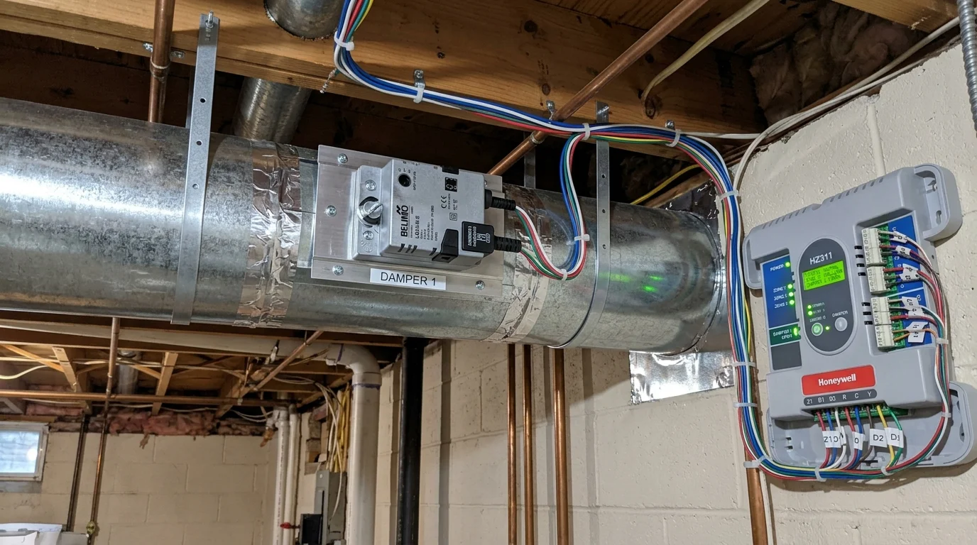 Motorized electronic zone damper actuator mounted on sheet metal HVAC trunk duct