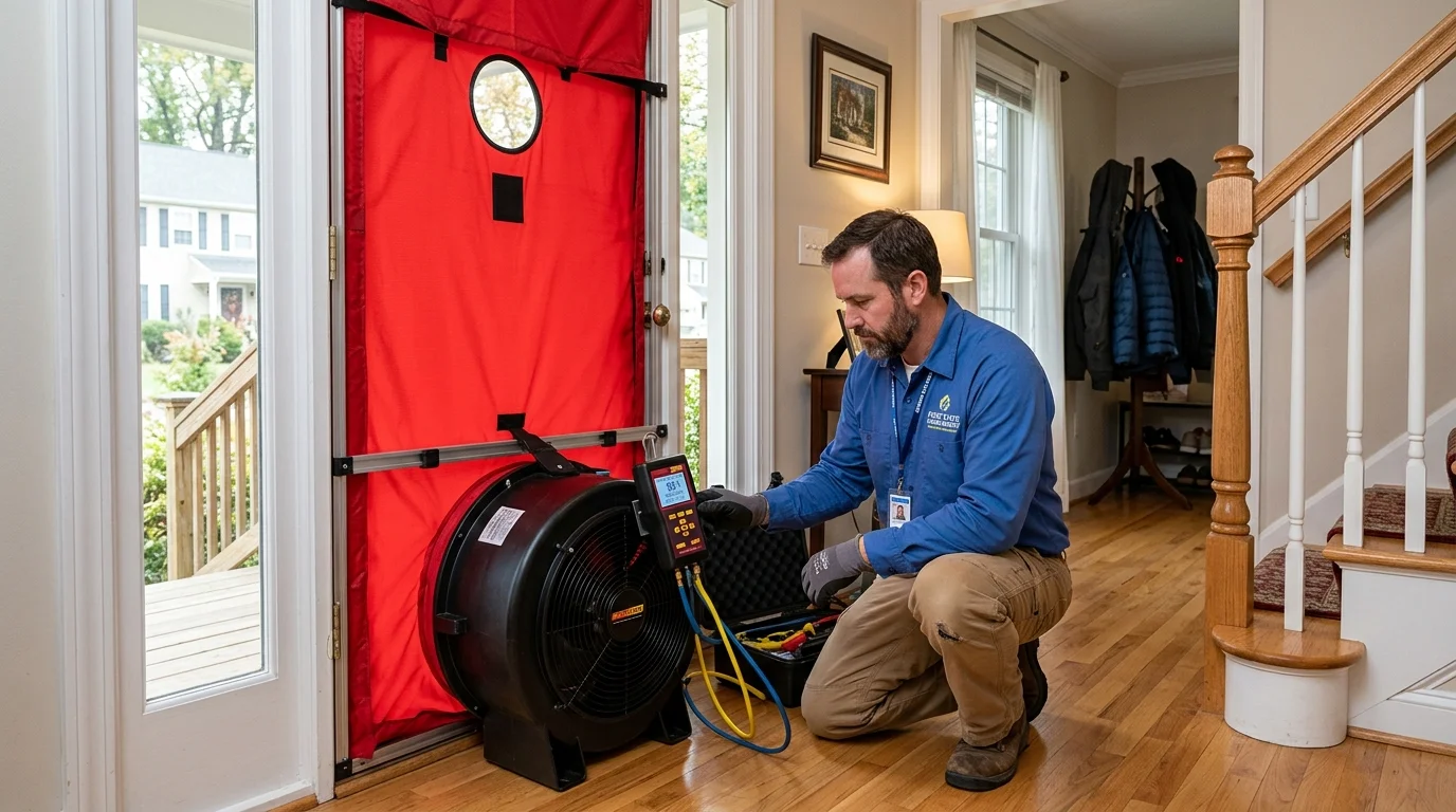 Home energy auditor conducting a blower door building airtightness test in doorway