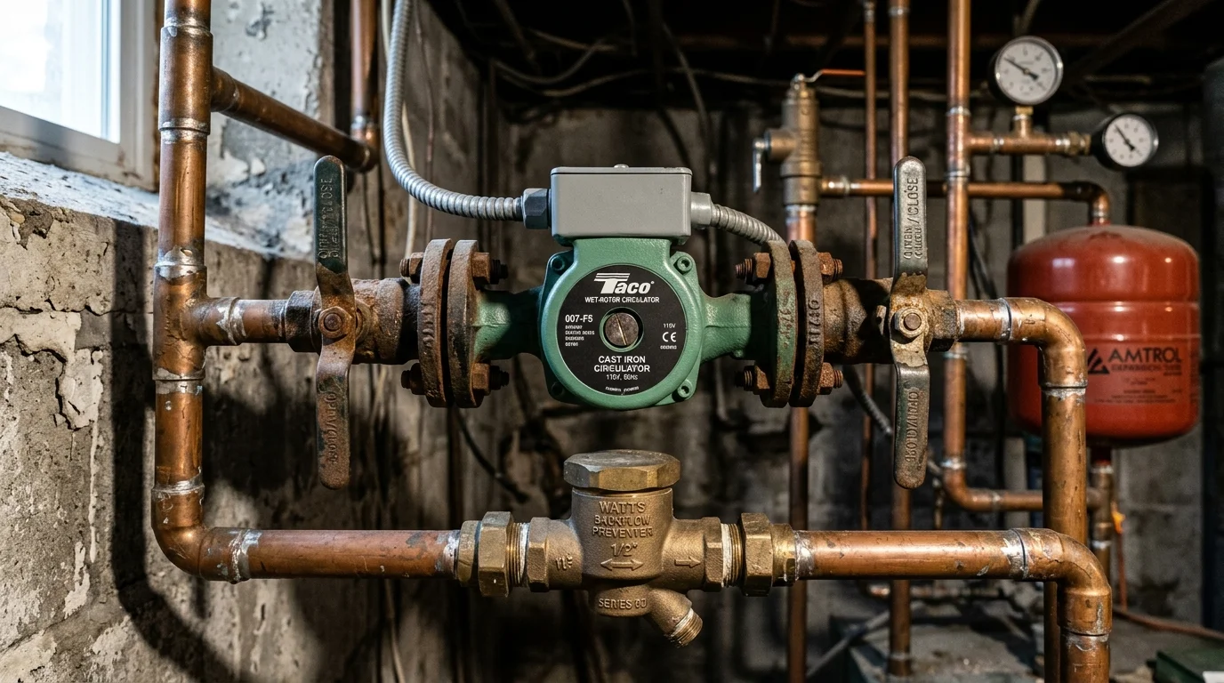 Residential hydronic boiler piping showing cast-iron circulator pump and bronze backflow valve