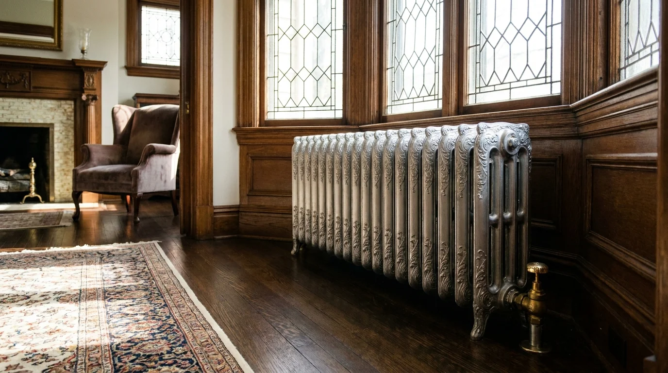 Refurbished historic ornate cast-iron steam radiator with thermostatic radiator valve in classic Delaware home