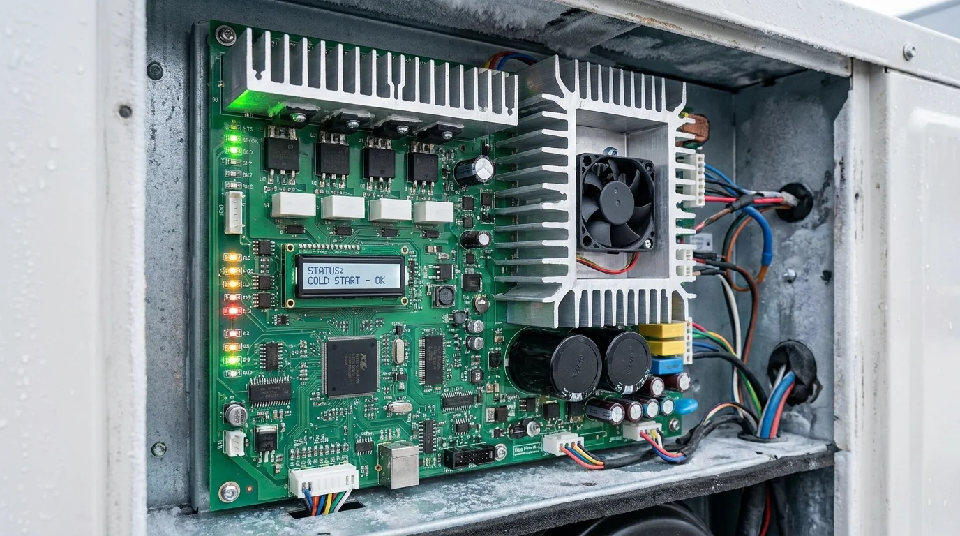 Technician inspecting electronic inverter drive circuit board inside modern variable-speed heat pump