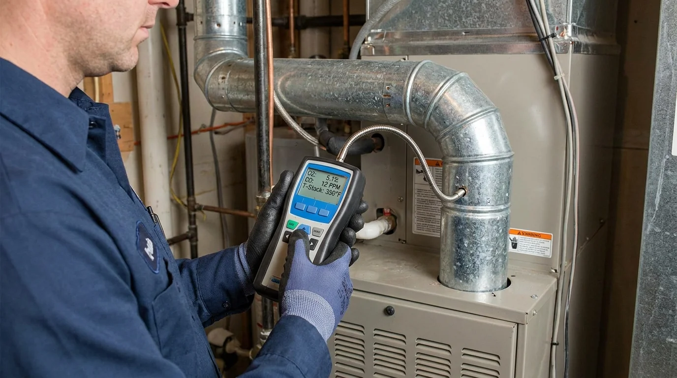 Digital electronic combustion analyzer testing furnace flue gas temperatures and carbon monoxide levels