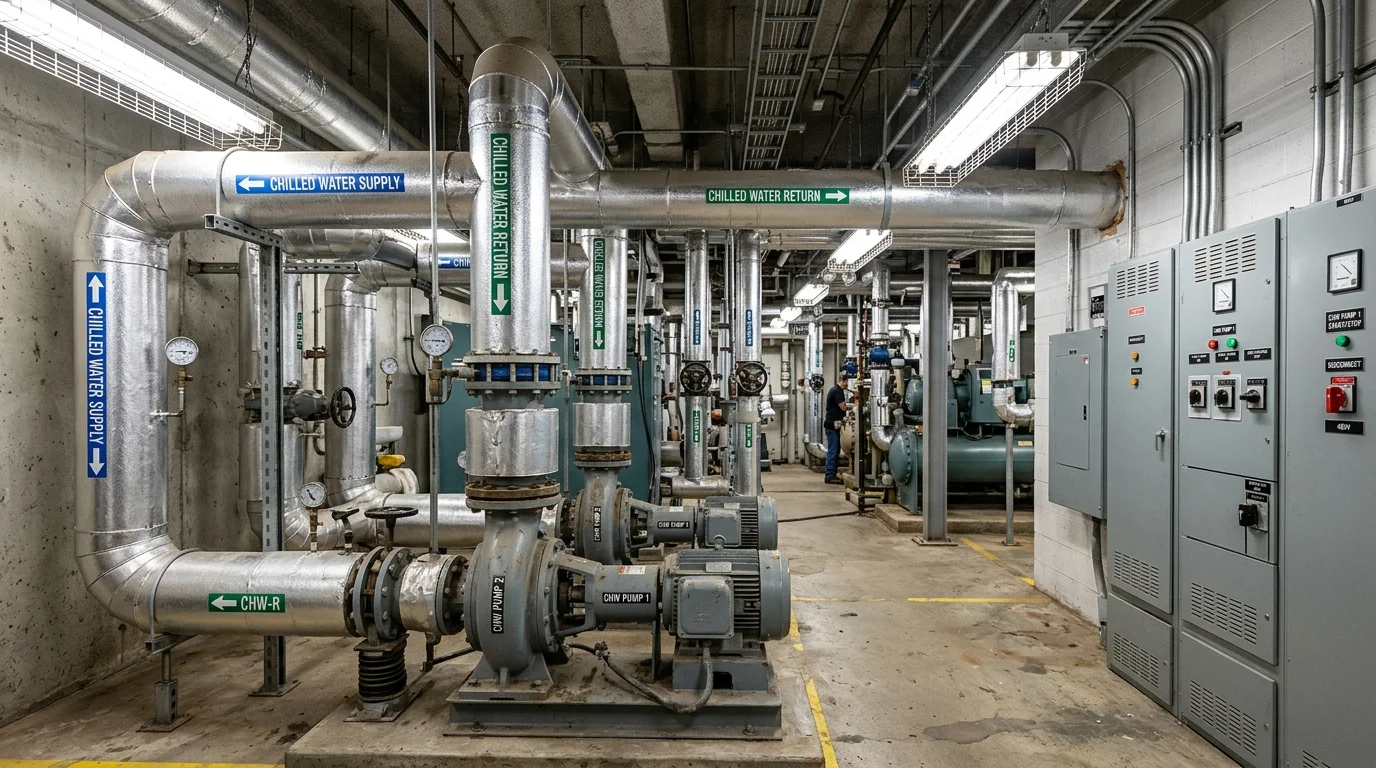 Commercial building HVAC mechanical room with insulated chilled water piping and circulating pumps