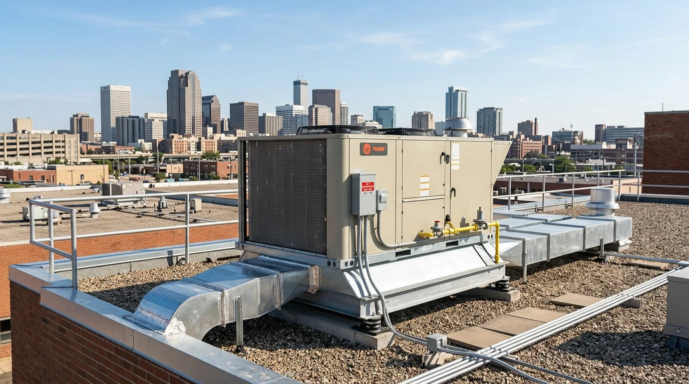 Commercial packaged rooftop HVAC unit installed on a low-rise commercial building roof in Wilmington