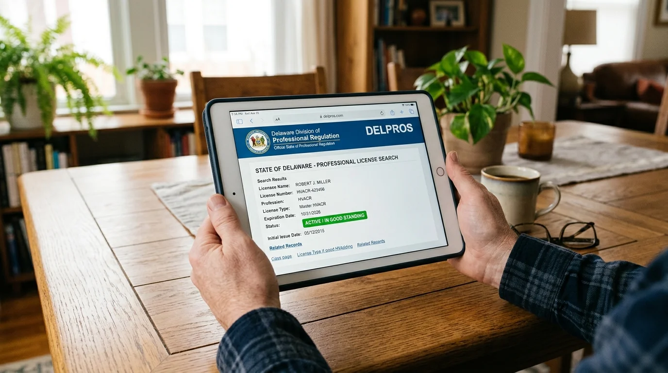 Homeowner viewing official Delaware DELPROS professional license portal with active Master HVACR license