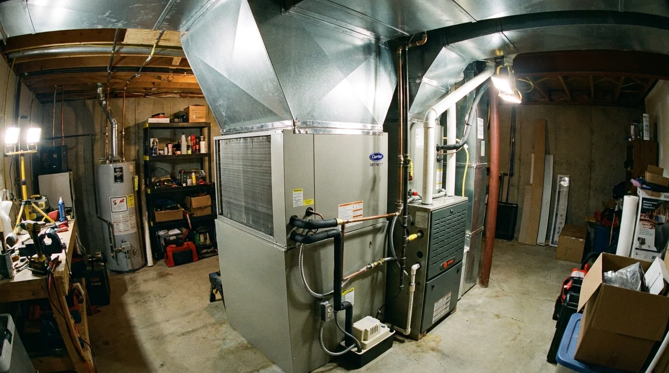 Dual-fuel hybrid heating installation pairing high-efficiency inverter heat pump with natural gas furnace backup