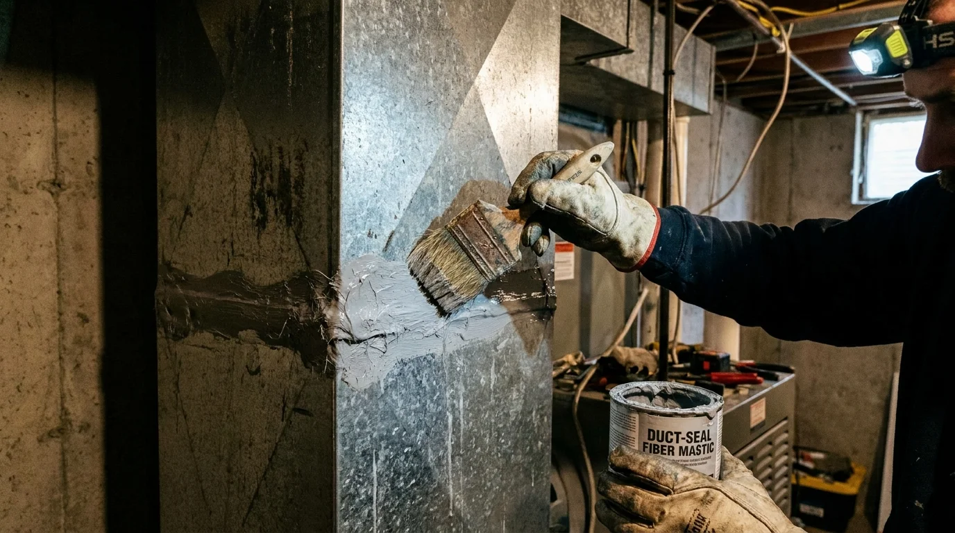HVAC technician applying fiberglass mesh tape and water-based fiber-reinforced mastic paste to sheet metal duct seams