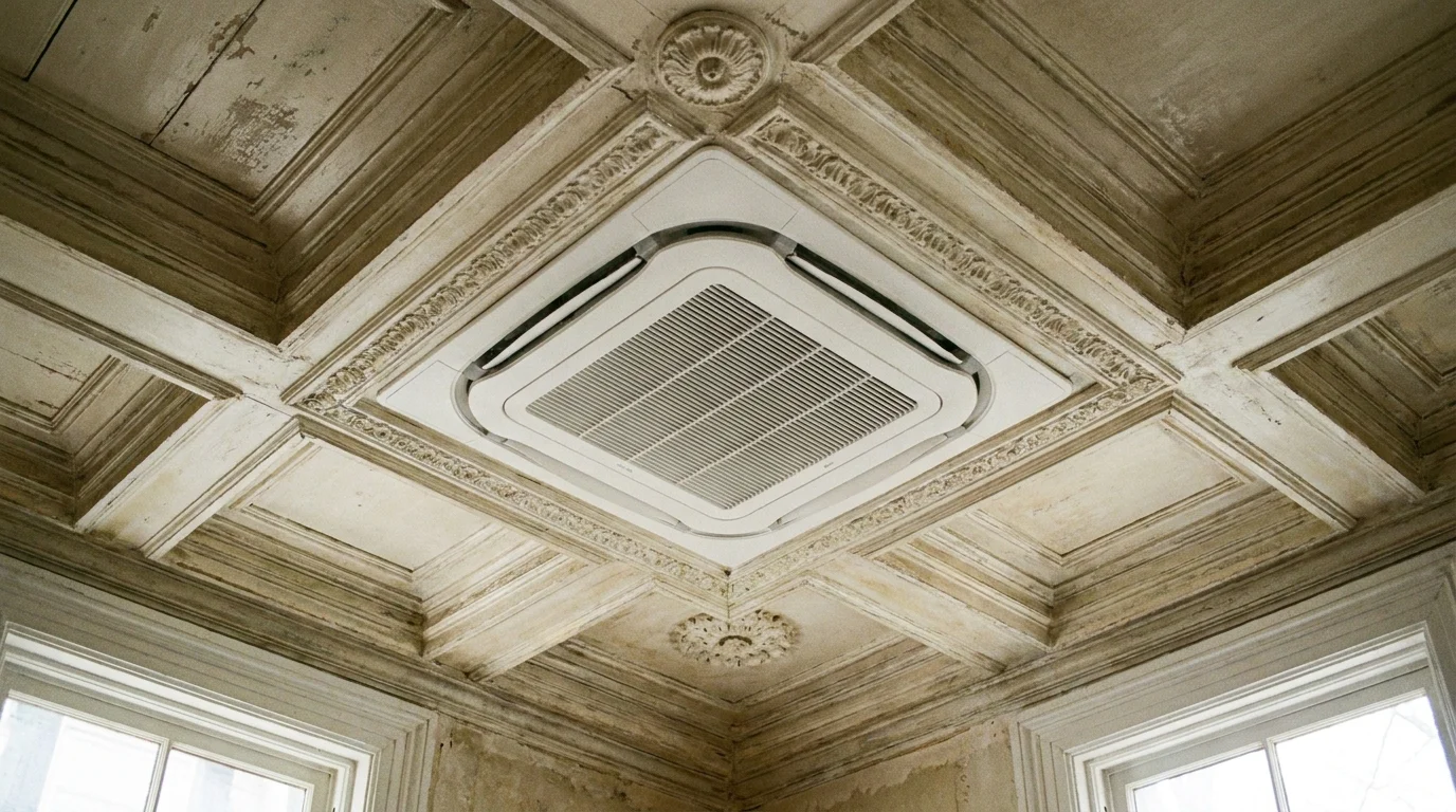 Flush-mount four-way airflow ceiling cassette mini-split unit installed between ceiling joists