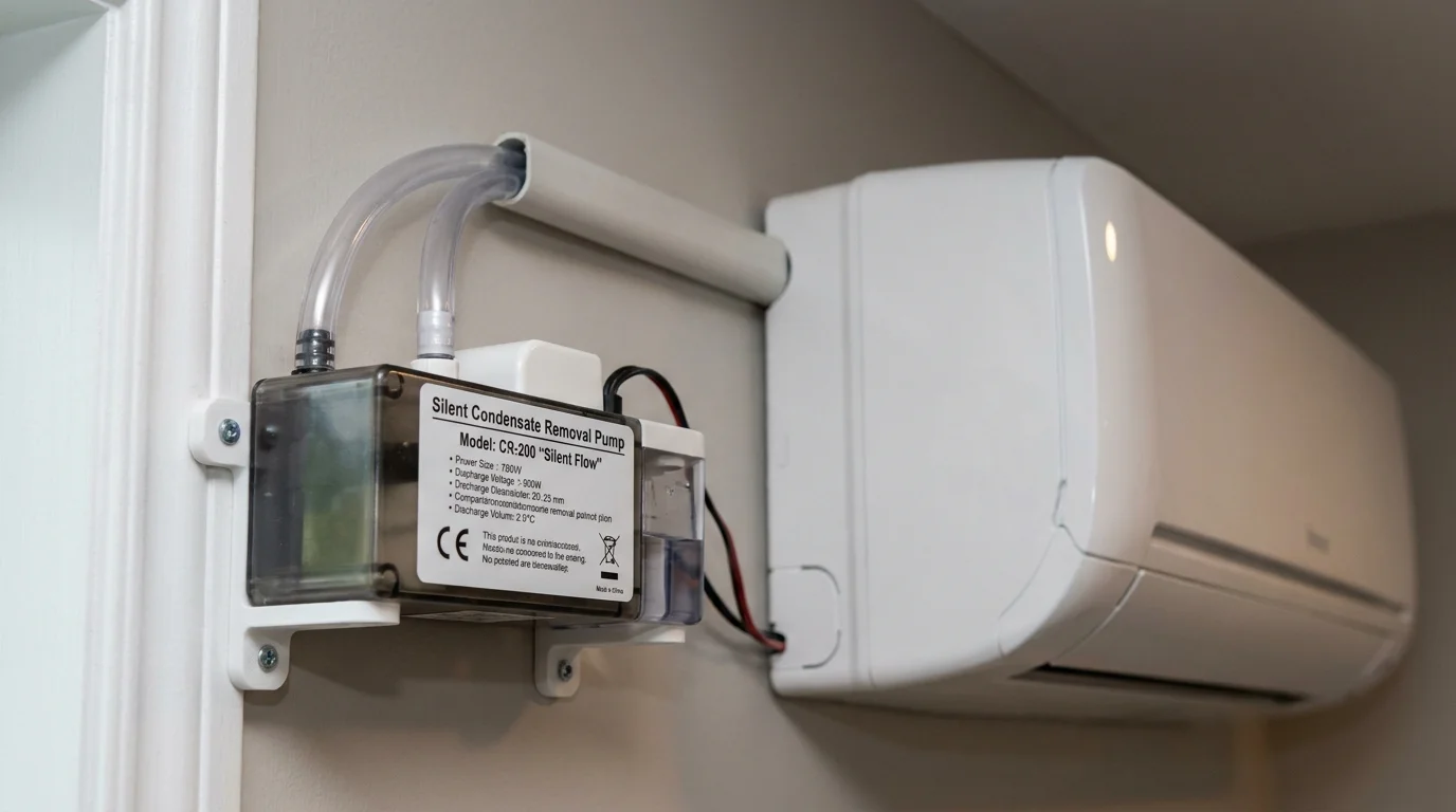 Miniature silent condensate removal pump and reservoir installed alongside mini-split line set