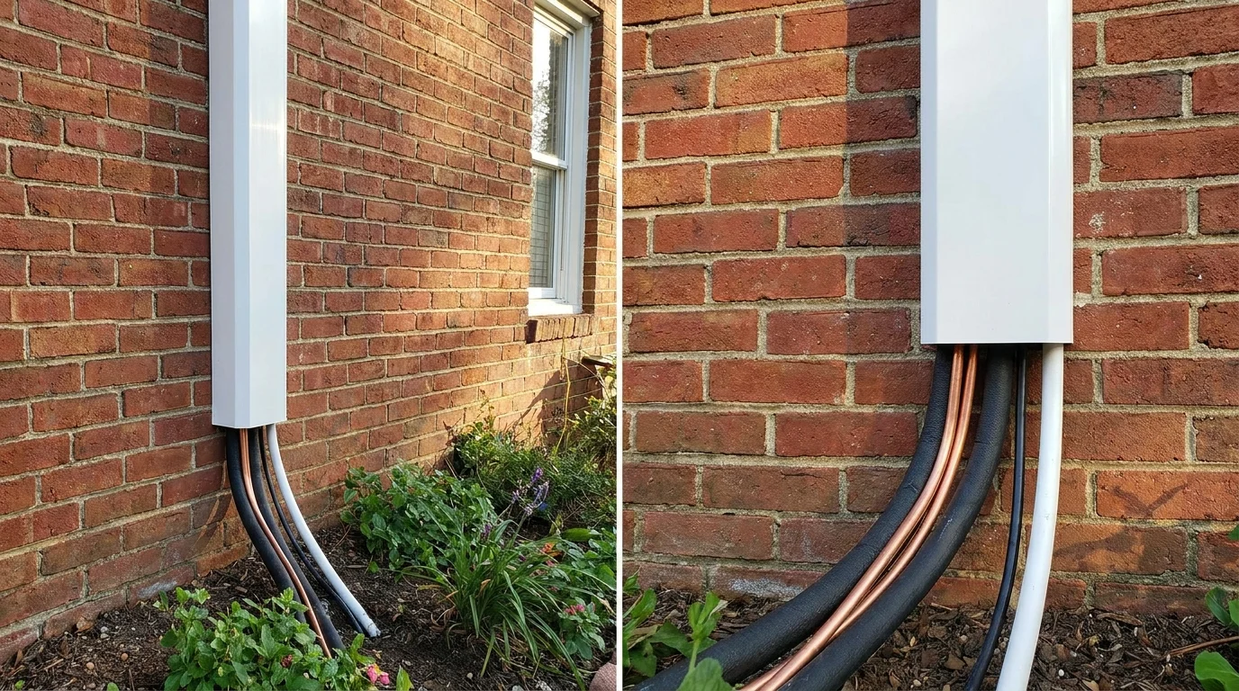 Color-matched UV-resistant architectural line-hide channel concealing refrigerant line sets on home exterior