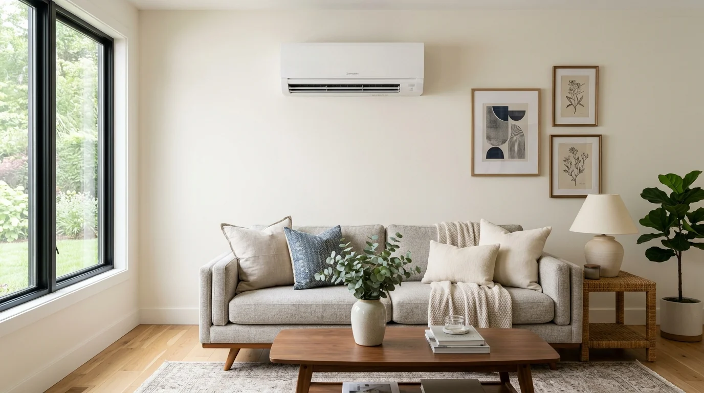 Wall-mounted ductless mini-split indoor air handler unit in a modern living room interior
