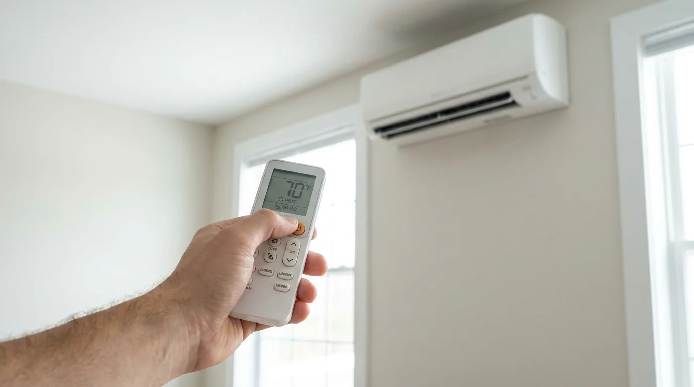 Handheld wireless LCD digital remote control adjusting temperature, vane angles, and fan speed on ductless system