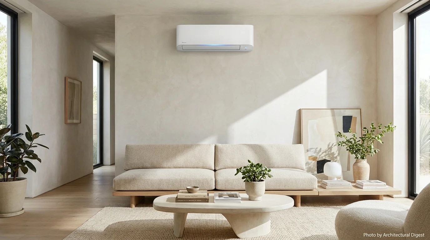 Sleek designer wall-mount ductless indoor air handler in contemporary Delaware living space