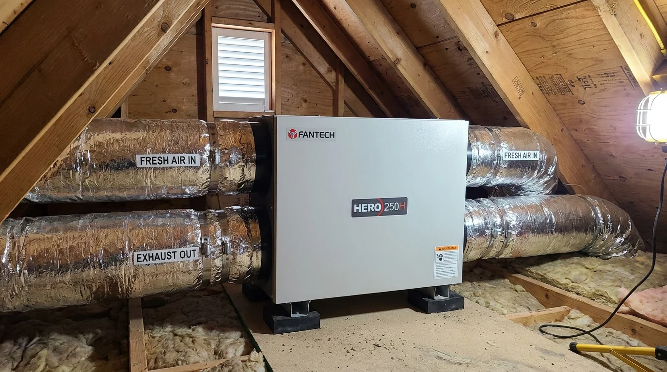 Dedicated energy recovery ventilator (ERV) core unit suspended in utility room with insulated intake and exhaust ducts