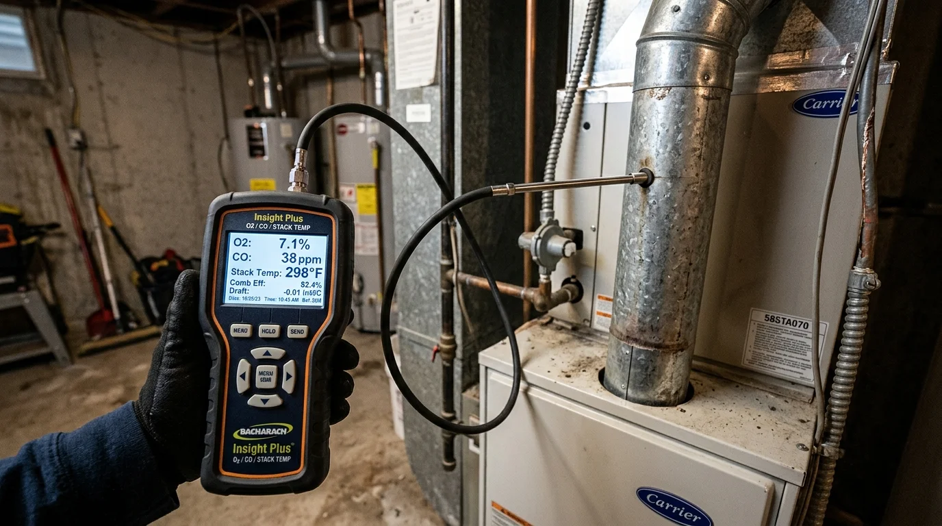Digital flue gas analyzer probe inserted in furnace exhaust pipe measuring CO and O2 levels