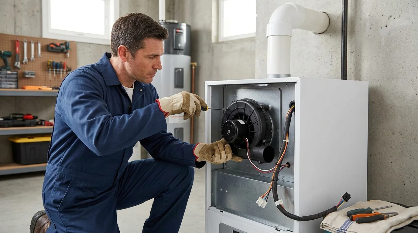 HVAC technician replacing draft inducer blower motor and pressure switch assembly on high-efficiency furnace