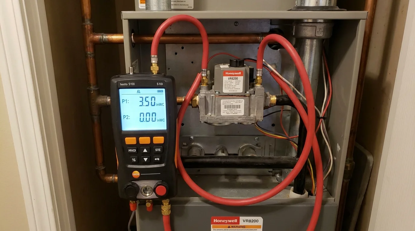 Digital manometer connected to natural gas valve test port measuring manifold pressure in inches water column