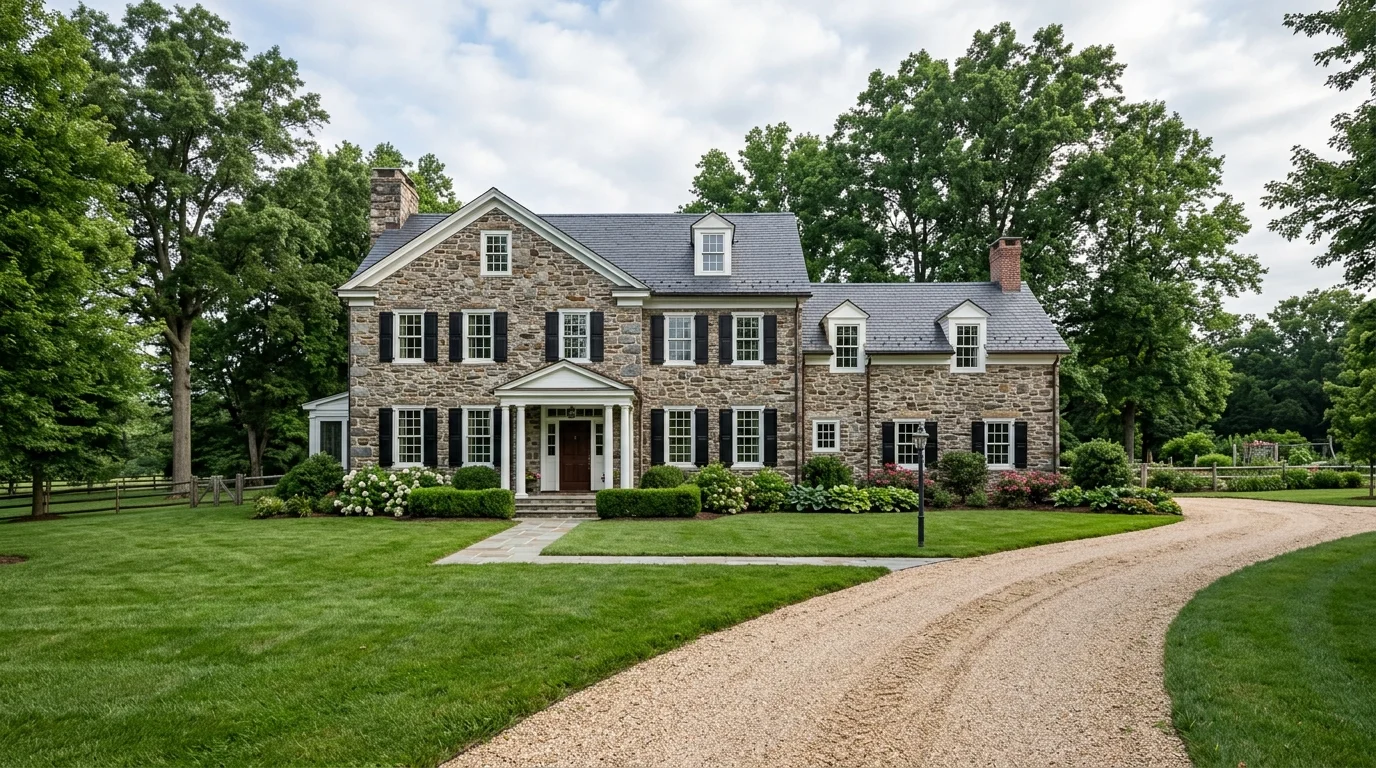 Custom fieldstone estate residence surrounded by landscaped grounds in Greenville, Delaware