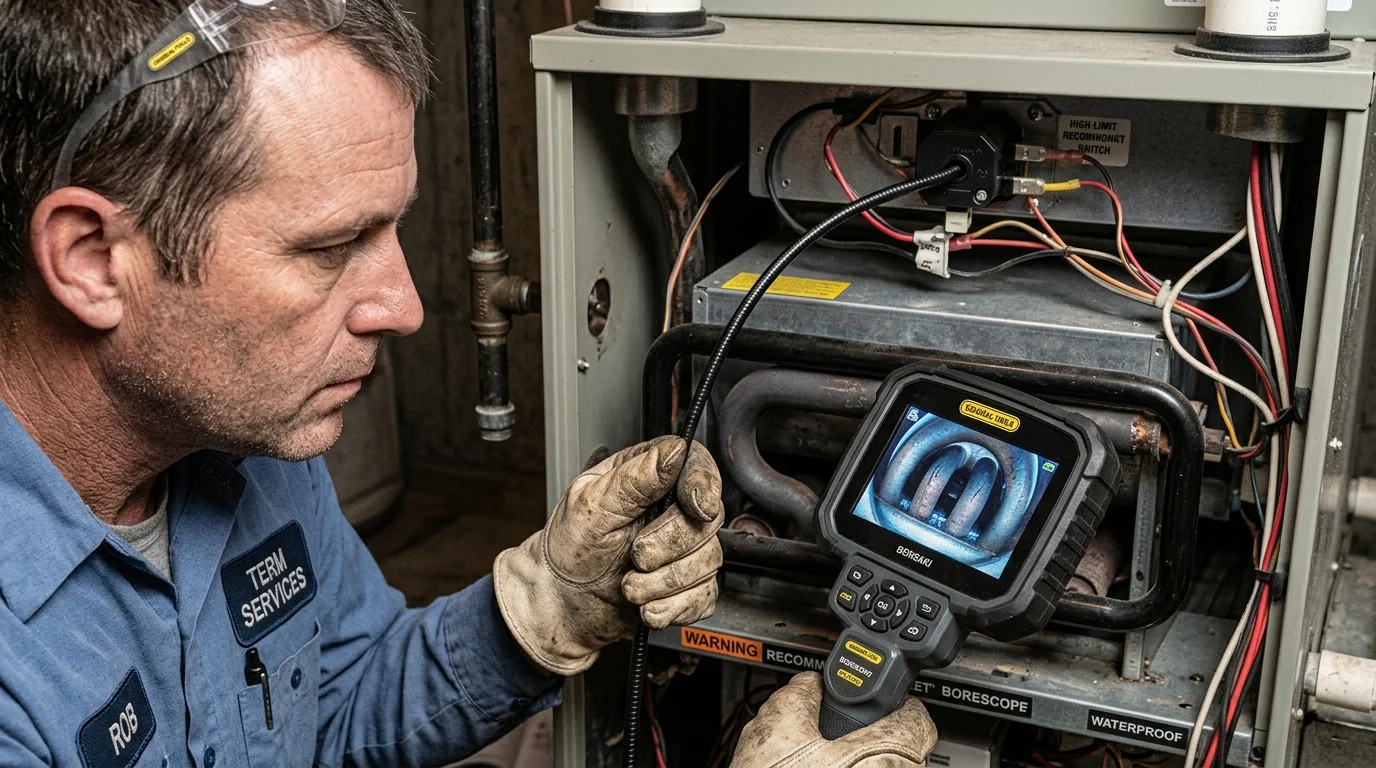 HVAC technician inspecting internal furnace heat exchanger cells with a fiber-optic video camera