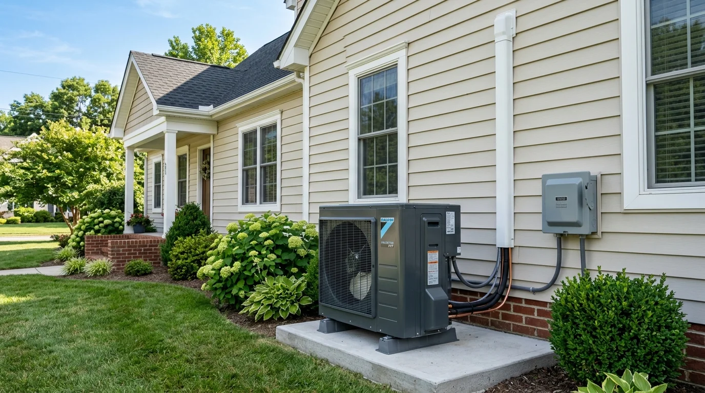 Modern exterior inverter heat pump condenser installed on concrete pad outside Delaware home