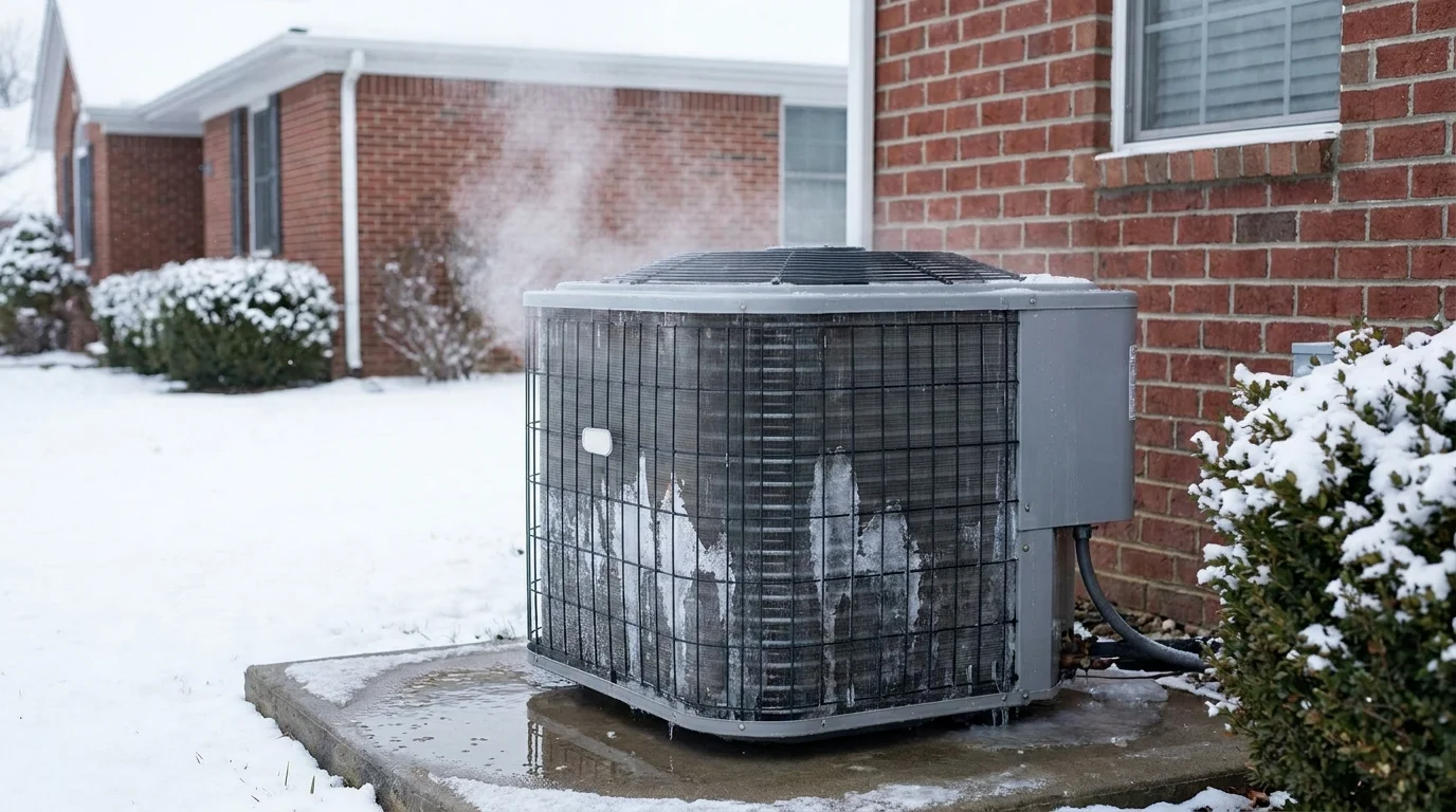 Exterior heat pump condenser undergoing automated hot-gas defrost cycle during cold Delaware winter day