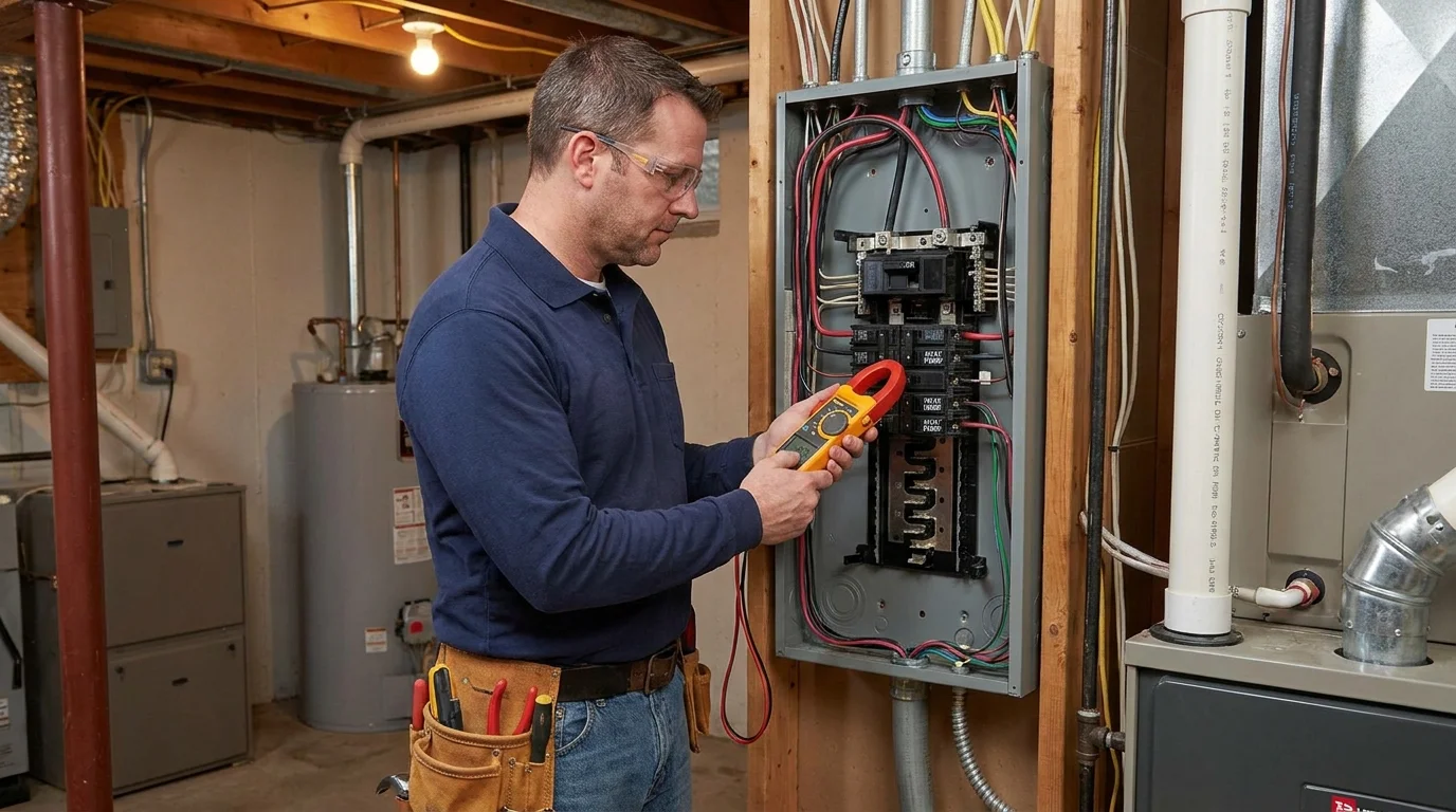 Main residential electrical service panel showing dedicated 240-volt double-pole breaker installed for new heat pump