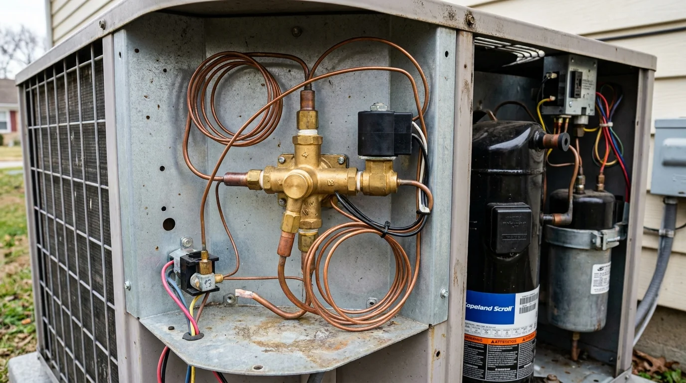 HVAC technician testing four-way solenoid reversing valve on heat pump refrigeration circuit