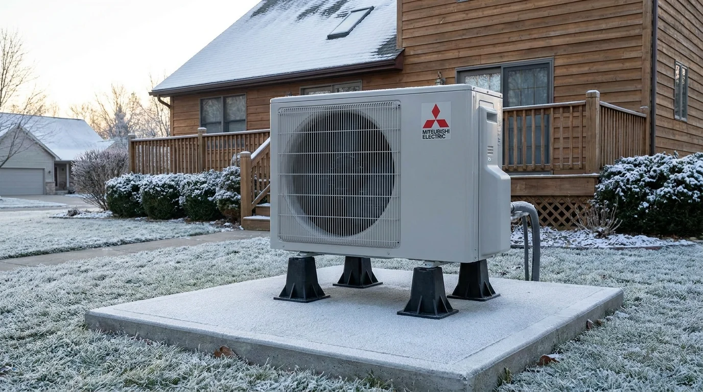Outdoor heat pump condenser elevated on 6-inch heavy-duty composite snow risers above equipment pad