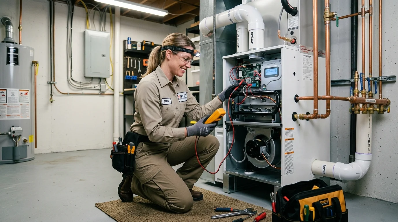 HVAC technician performing gas furnace diagnostic and heating maintenance in residential basement utility room