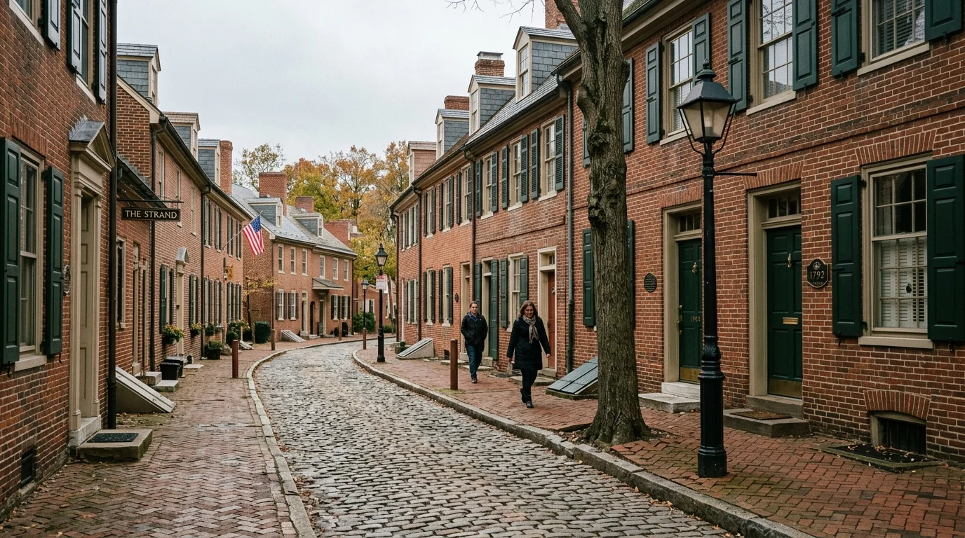 Historic colonial brick streetscape and gas street lamp in New Castle, Delaware