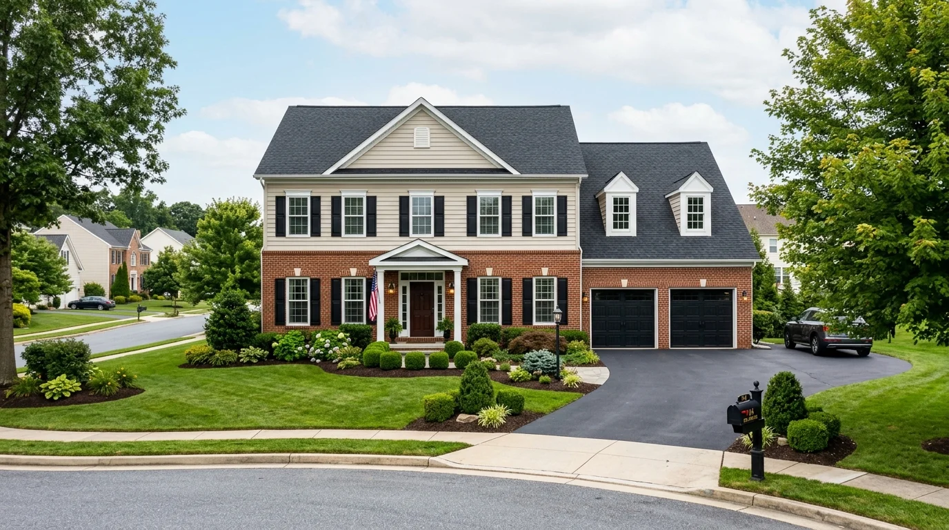 Two-story suburban custom colonial home with brick facade in Hockessin, Delaware