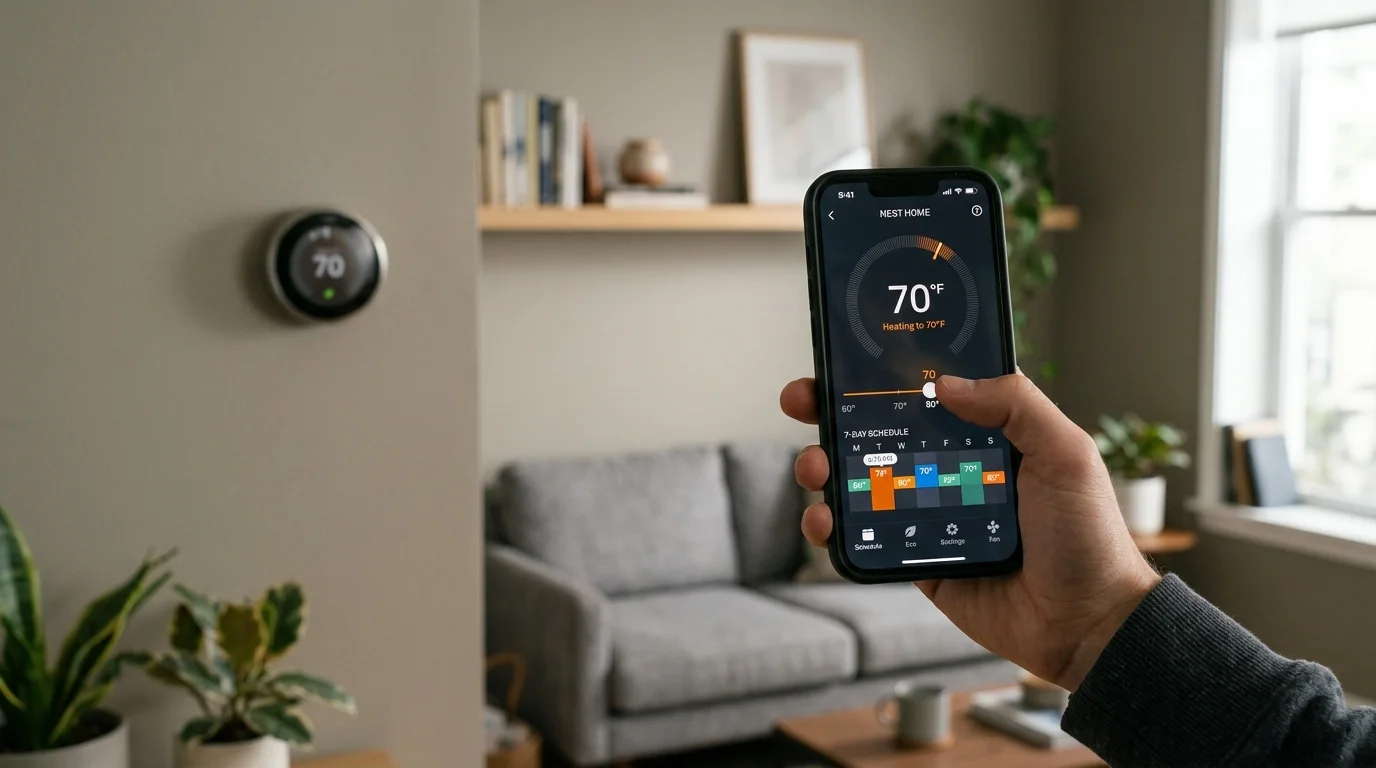 Homeowner holding smartphone controlling temperature schedule with smart thermostat on wall