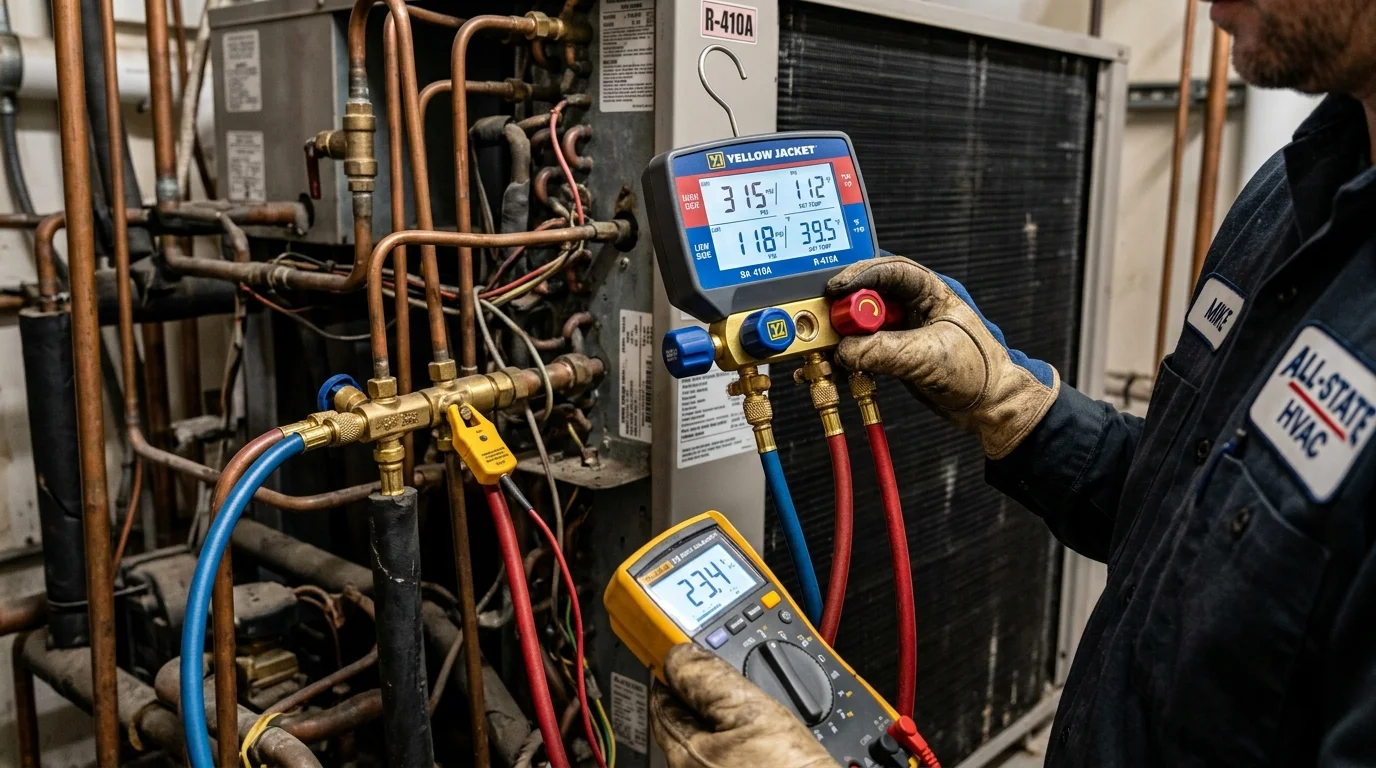 Close-up macro photography of digital HVAC manifold gauges and multimeter testing system pressures