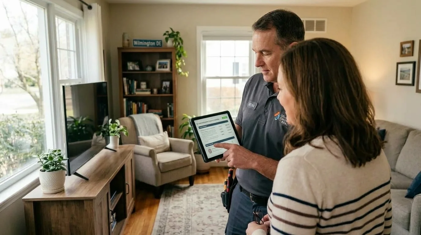 HVAC technician reviewing equipment diagnostic report and digital written estimate with Wilmington homeowner