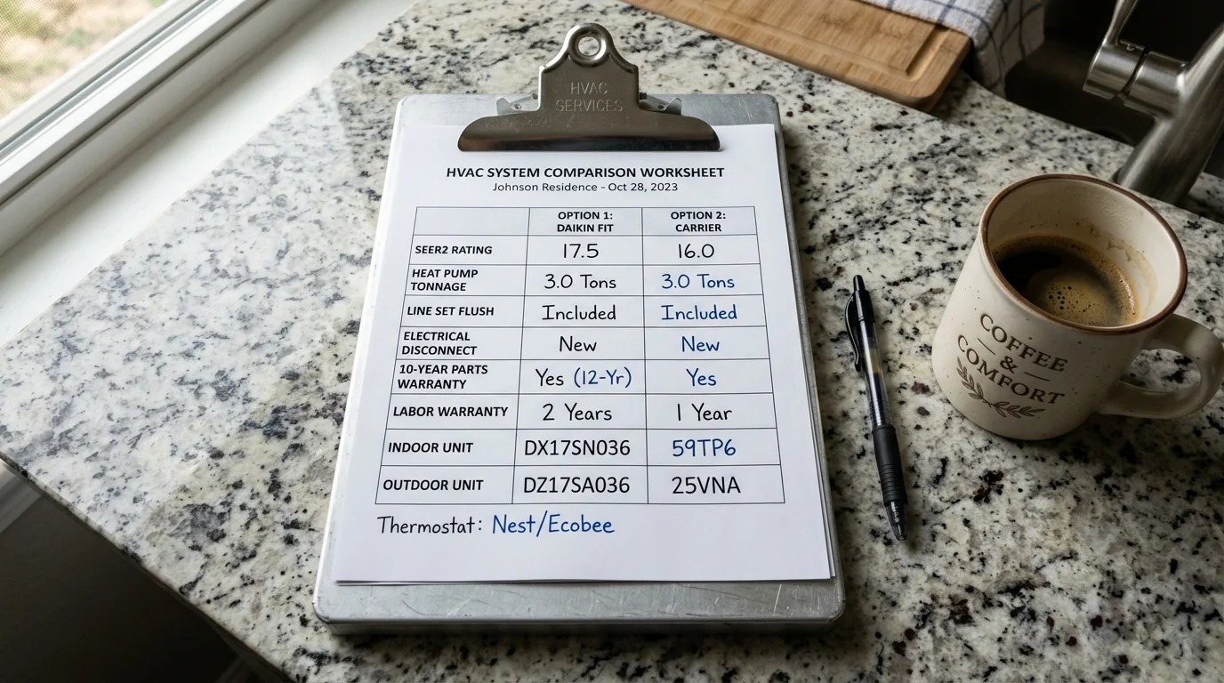 Itemized HVAC proposal comparison worksheet on clipboard with SEER2 and warranty checkmarks