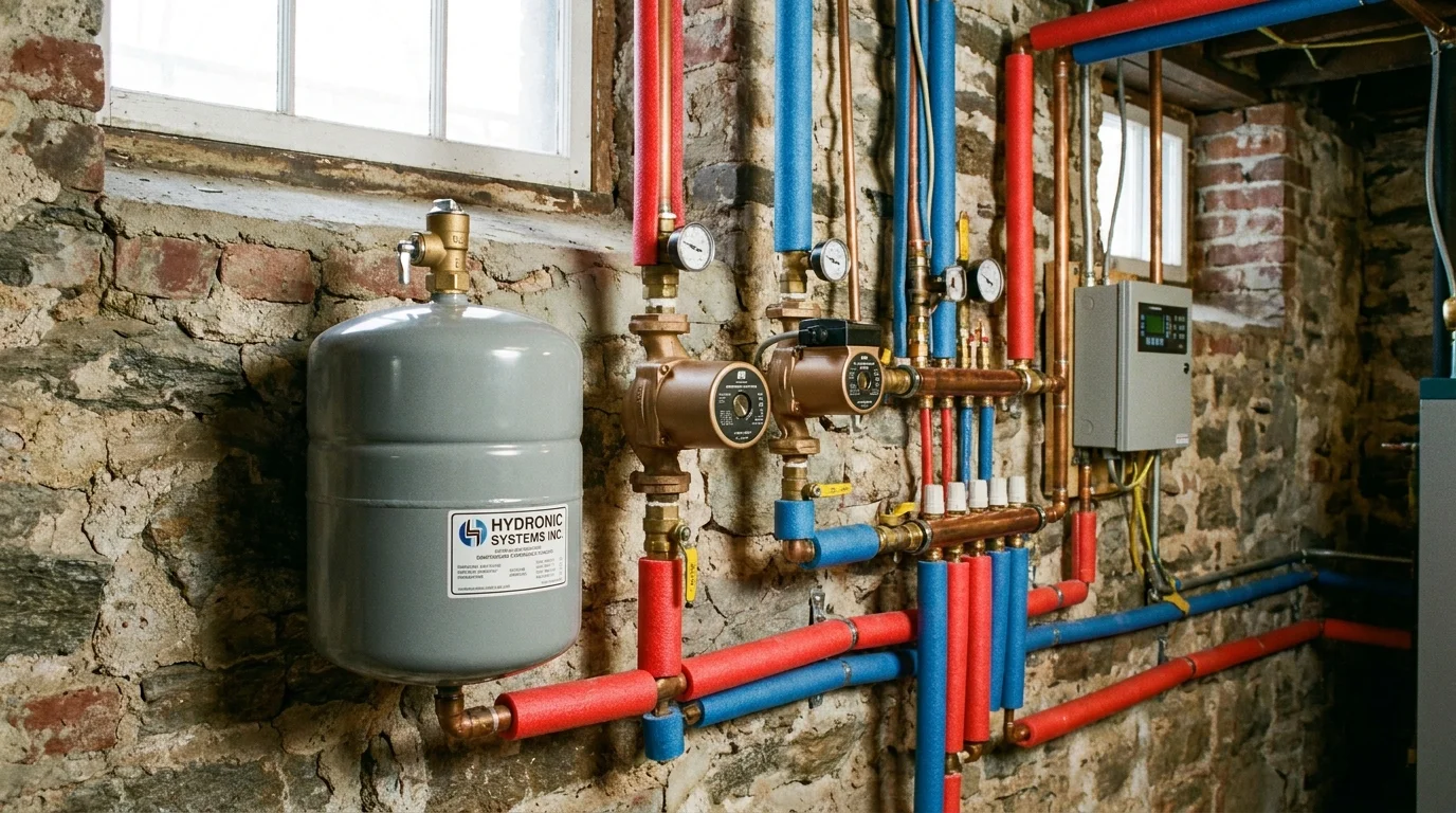 Hydronic diaphragm expansion tank, air purger scoop, and bronze backflow preventer valve on heating loop
