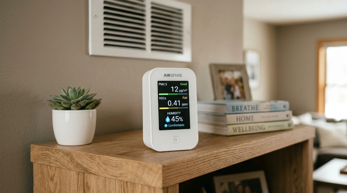 Digital indoor air quality monitor measuring real-time PM2.5, VOC levels, and relative humidity