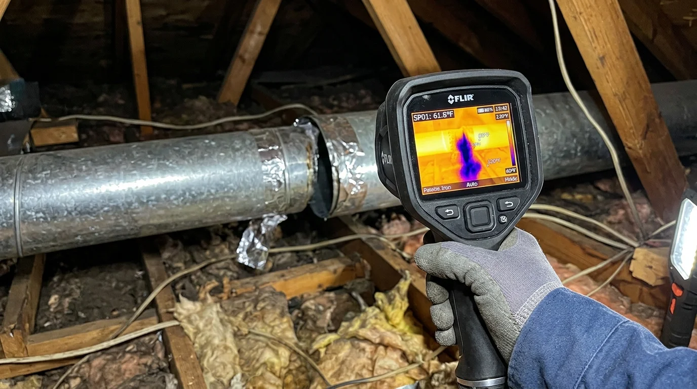 Infrared thermal imaging camera displaying blue cold air leakage escaping uninsulated duct joint