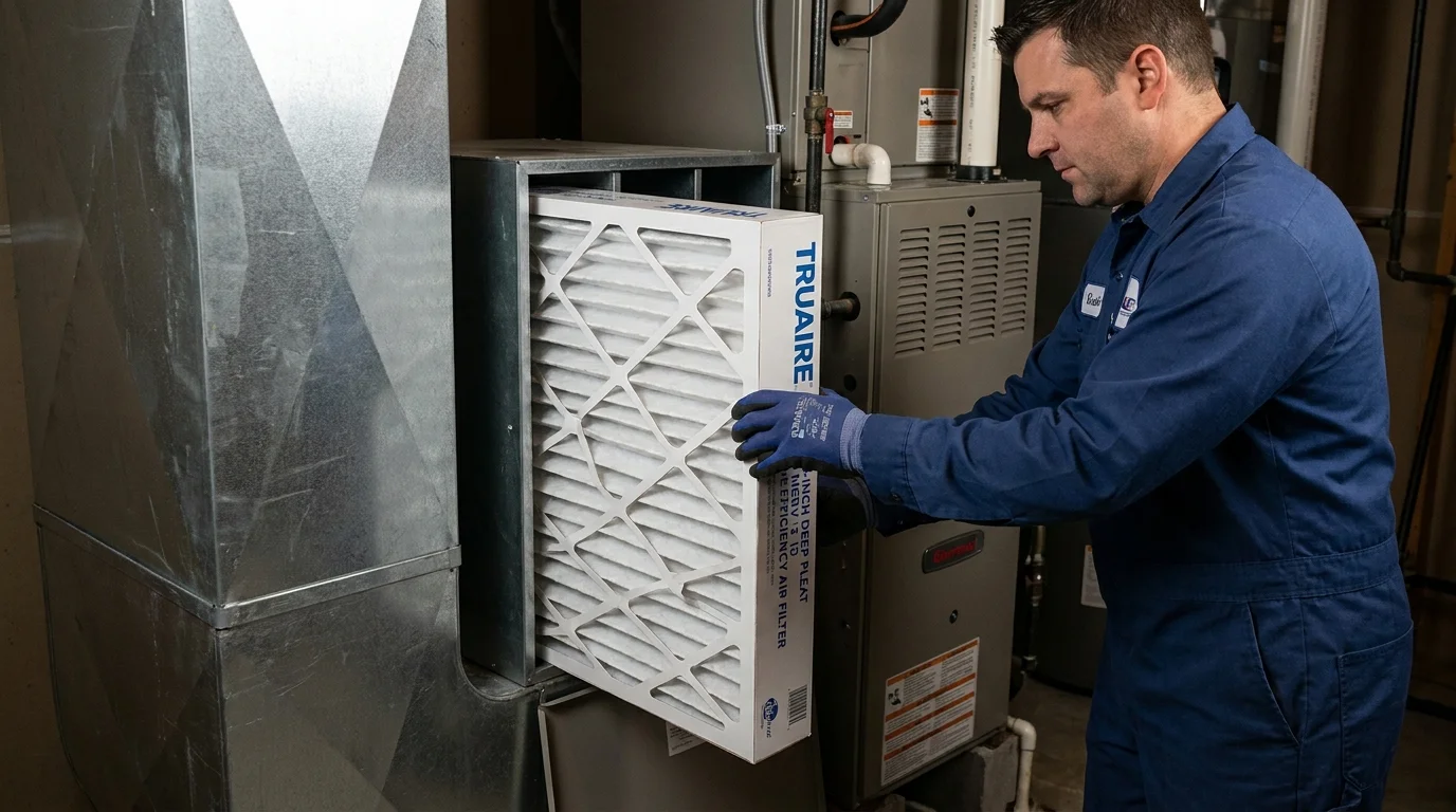 Deep-pleated 5-inch MERV 16 whole-home media air filter cartridge being slid into sealed sheet metal cabinet